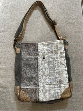 NWOT Myra Bag Boho Patchwork Canvas & Haircalf Tote in Gray & Tan